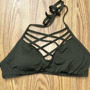 Bikini Top Dark Olive Green Lattice Front Halter Padded